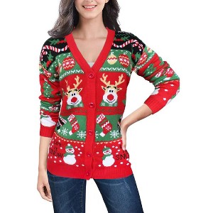 Clearlove Ugly Christmas Sweater for Women Reindeer Funny Merry Knit Sweaters Cardigan - 1 of 4
