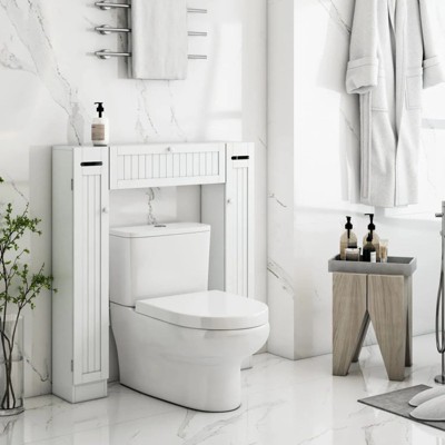 LunaLulinlk Freestanding Toilet Cabinet with Adjustable Shelves and Paper Rack with Sliding Door White