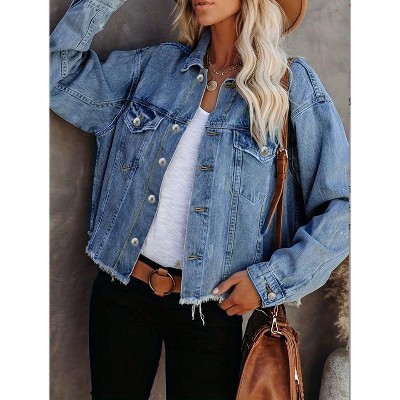 Mocamel Women's Spring and Autumn Single Breasted Fur Edge Denim Jacket Casual Style Light Blue Washable