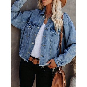 Mocamel Women's Spring and Autumn Single Breasted Fur Edge Denim Jacket Casual Style Light Blue Washable - 1 of 4