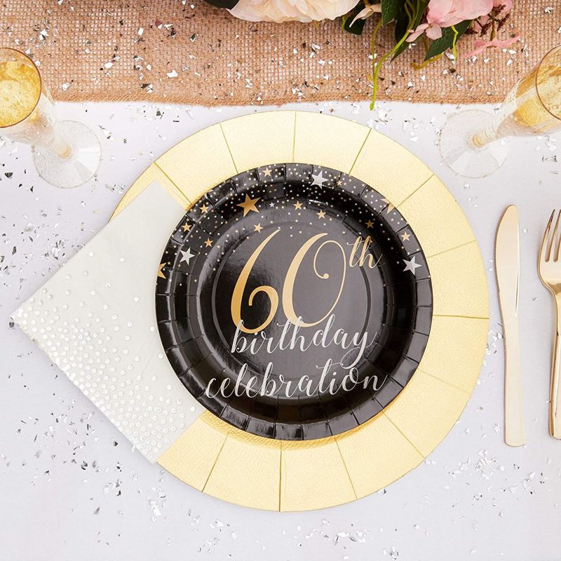 Sparkle and Bash 80-Pack 60th Birthday Disposable Paper Plates 9" Black Party Supplies, 2 of 6