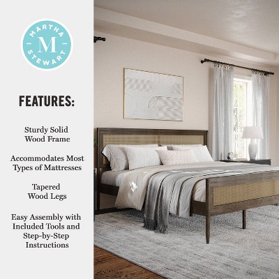 King Brown Gray Wood Frame Platform Bed with Rattan Headboard