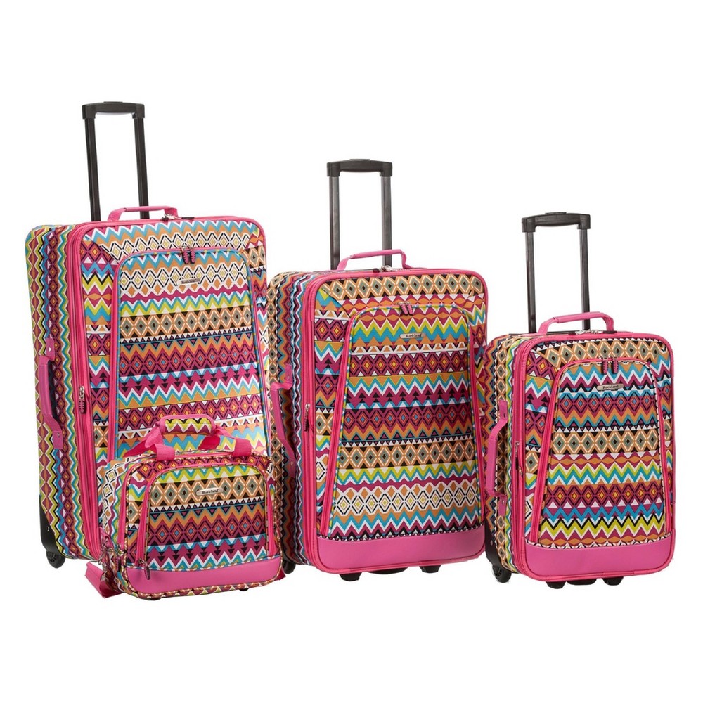 Photos - Luggage Rockland Escape 4pc Softside Checked  Set - Pink Tribal 