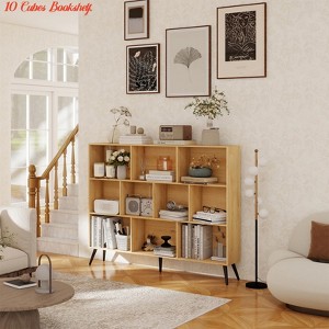 Home Office 10 Cubes Bookshelf, Wooden 3-Tier Open Shelf Bookcase, Freestanding Book Shelf Storage Organizer w/ 5 Iron Legs - 1 of 4