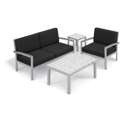 Travira 4pc Outdoor Chat Set with Vintage Tekwood & Light Granite Ash Table with Cushions - Black - Oxford Garden