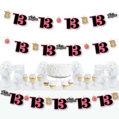 Big Dot of Happiness Chic 13th Birthday - Pink, Black and Gold - Birthday Party DIY Decorations - Clothespin Garland Banner - 44 Pieces