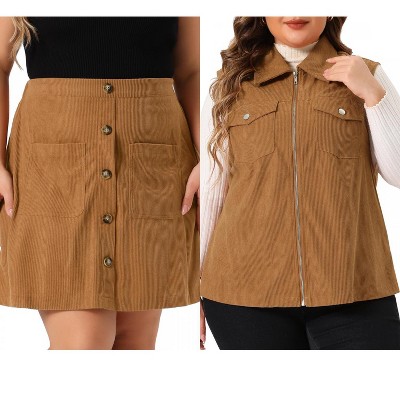 Agnes Orinda Women's Plus Size 2 Piece Corduroy Utility Vest and High Waist Button Front Mini A-Line Skirt Set with Pocket