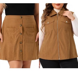 Agnes Orinda Women's Plus Size 2 Piece Corduroy Utility Vest and High Waist Button Front Mini A-Line Skirt Set with Pocket - 1 of 4