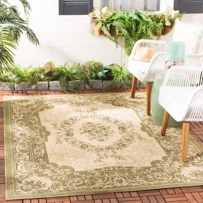 Courtyard Cream and Green Rectangular Synthetic Area Rug