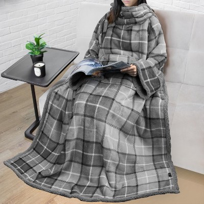 Plaid Light Gray Sherpa Fleece Wearable Blanket with Sleeves