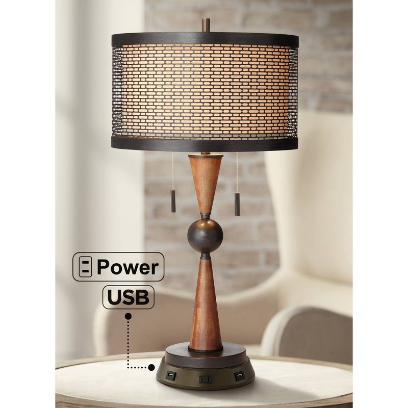 Franklin Iron Works Rustic Farmhouse Table Lamp with USB Outlet Workstation Base 28.75" Tall Antique Bronze Wood Double Drum Shade Living Room, 2 of 8