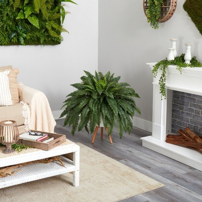 Modern Cascading Potted Fern in White Tripod Planter, 42" Tall