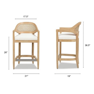 Ivory White Bouclé 26" Cane Back Counter Stool with Oak Frame
