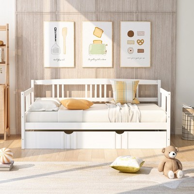 Twin Size Daybed Wood Bed with Twin Size Trundle, Wood Twin Size Kids Bed Frame with Fence, Twin Platform Bed for Living Room, No Box Spring Needed