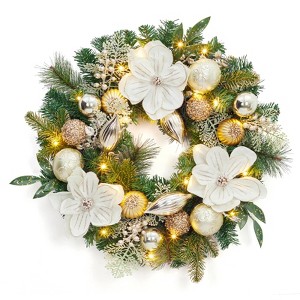 COZONY 24 Inch Christmas Wreath with Lights, Battery Operated Outdoor Wreath with Magnolia Flower & Gold Balls for Front Door Holiday Decor - 1 of 4