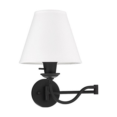 Adjustable Black Stainless Steel Swing Arm Wall Sconce with Off-White Linen Shade