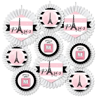Big Dot of Happiness Paris, Ooh La La - Hanging Paris Themed Baby Shower or Birthday Party Tissue Decoration Kit - Paper Fans - Set of 9