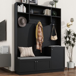 NicBex Coat and Shoe Rack Entryway Hall Tree with Bench with 3 Hooks, 3 Shoe Cubbies, and 3 Shelves, Black - 1 of 4