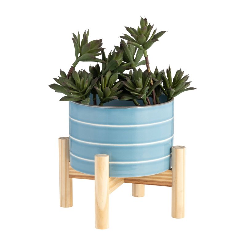  Sagebrook Home with Wood Stand Striped Ceramic Indoor Outdoor Planter Pot, 5 of 10