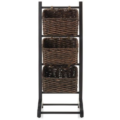 Acacia Wood 3-Tier Black and Espresso Storage Rack with Hyacinth Baskets