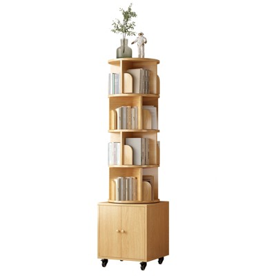 360-Degree Rotating Bookcase for Small Spaces, 5-Shelf Corner Organizer with Storage Drawer