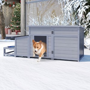 Sandinrayli Outdoor Wood Dog House with Feeding Bowls, Large Dog Kennel, Gray - 1 of 4