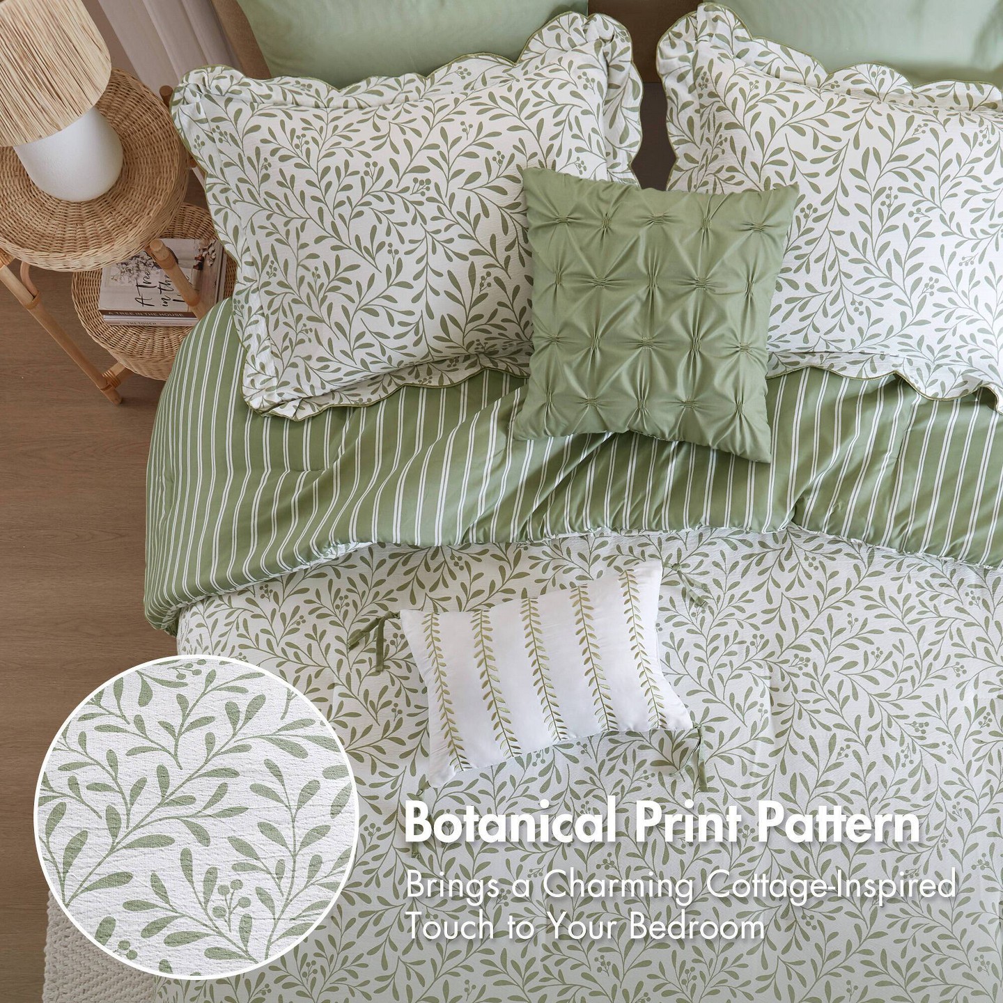 Комплект с одеялом Madison Park King 5pc Darcy Scalloped Edge Brushed Microfiber Reversible Comforter Set Sage Green, цвет: Шалфейный — фото 7