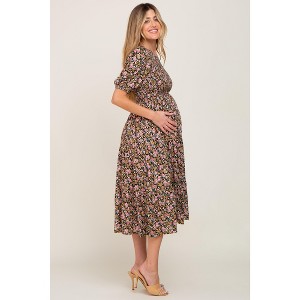 PinkBlush Multi-Color Floral Smocked Tiered Maternity Midi Dress - 1 of 4