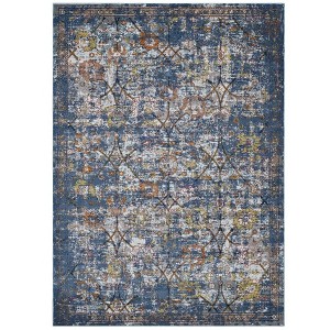 Modway Minu 5x8 Area Rug – Distressed Floral Lattice Pattern in Blue Gray, Yellow & Orange, Tight Low Pile Polypropylene - 1 of 4