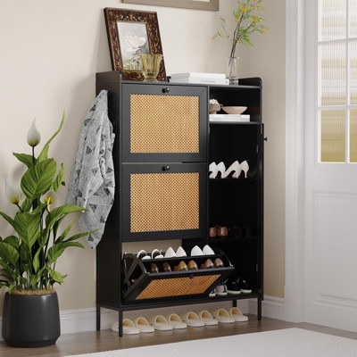 Whizmax 3-Drawer Rattan Shoe Cabinet, Narrow Entryway Storage with Adjustable Shelves, for Hallway, Living Room