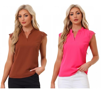 INSPIRE CHIC Women's Work Office V Neck Stand Collar Lace Cap Sleeve Basic Blouse 2 Pieces