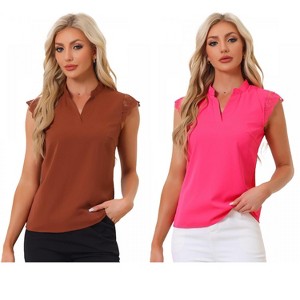 INSPIRE CHIC Women's Work Office V Neck Stand Collar Lace Cap Sleeve Basic Blouse 2 Pieces - 1 of 4