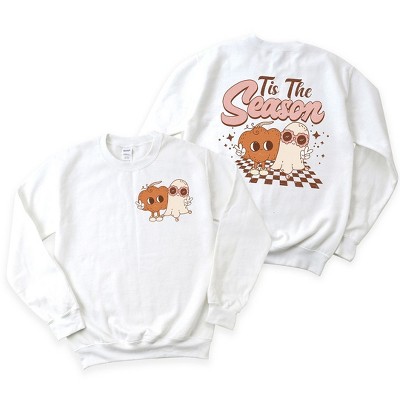 Simply Sage Market Women's Graphic Sweatshirt Distressed Tis The Season Pumpkin Ghost Front and Back
