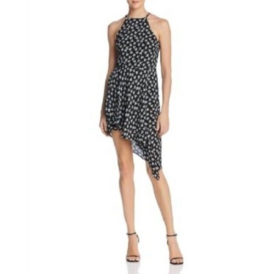 Women's Floral Print Halter Crepe Asymmetrical Hem Mini Dress - AQUA