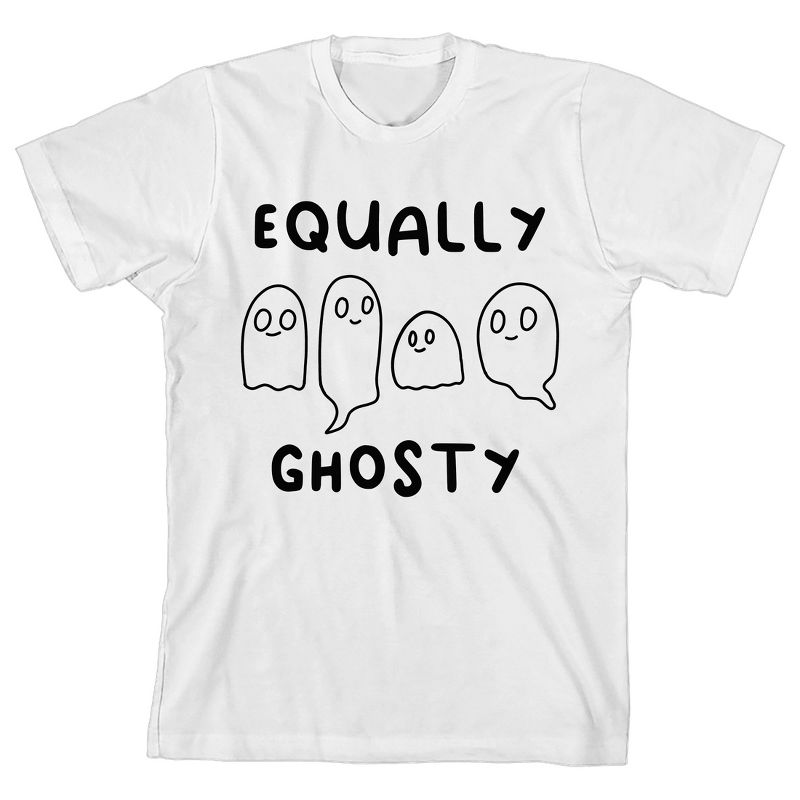 Kids Halloween Cartoon Ghosts "Equally Ghosty" Youth White Short Sleeve Crew Neck Tee, 1 of 4