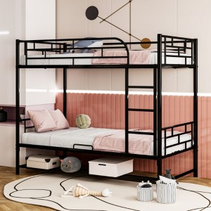 Twin-Over-Twin Metal Bunk Bed with Shelf and Safety Guardrails - 1 of 4