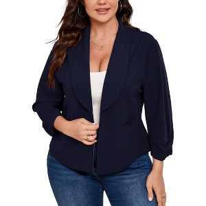 Coolmee Women Large Size Open Front Draped Blazers Ruched 3/4 Sleeve Casual Work Cardigan Jackets with Pocket - 1 of 4