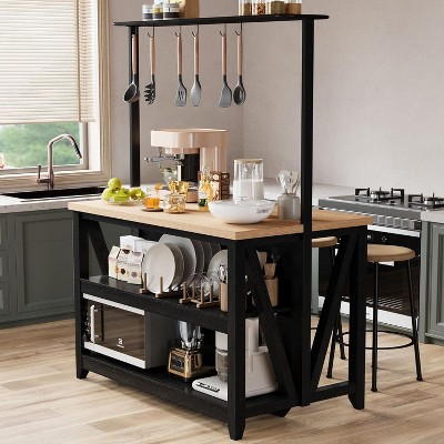 Wooden Kitchen Island with Power Outlet & LED Lights, 47" Kitchen Island Table with Storage, 3-Tier Bakers Rack, Coffee Bar Table with Hooks, Black