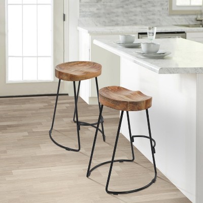Royal Hampton Mango Wood Industrial Saddle Seat Iron Counter Height Stool, 24 Inch, Set of 2
