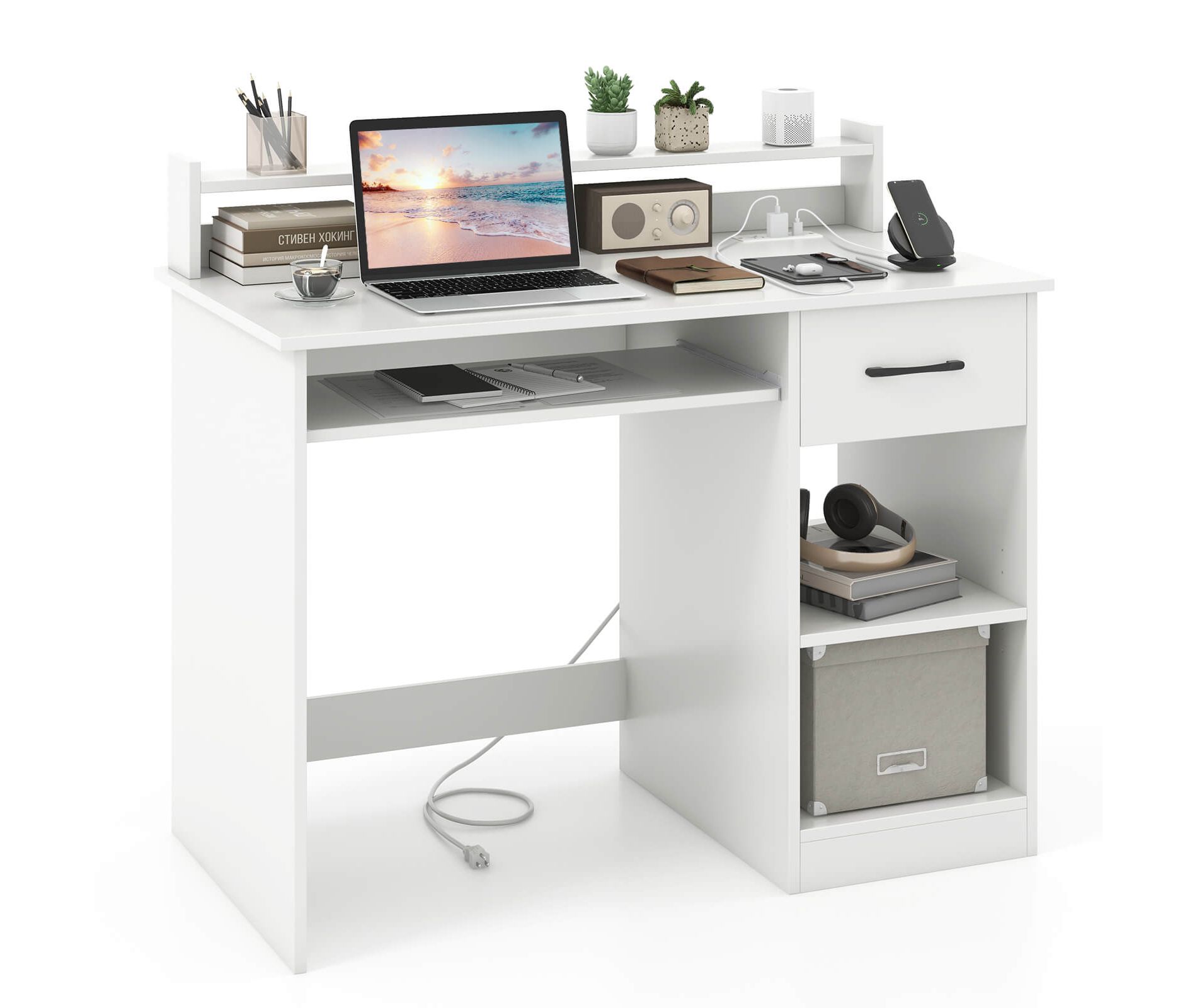 Costway White Computer Desk with Charging Station Drawer Removable & Adjustable Shelf