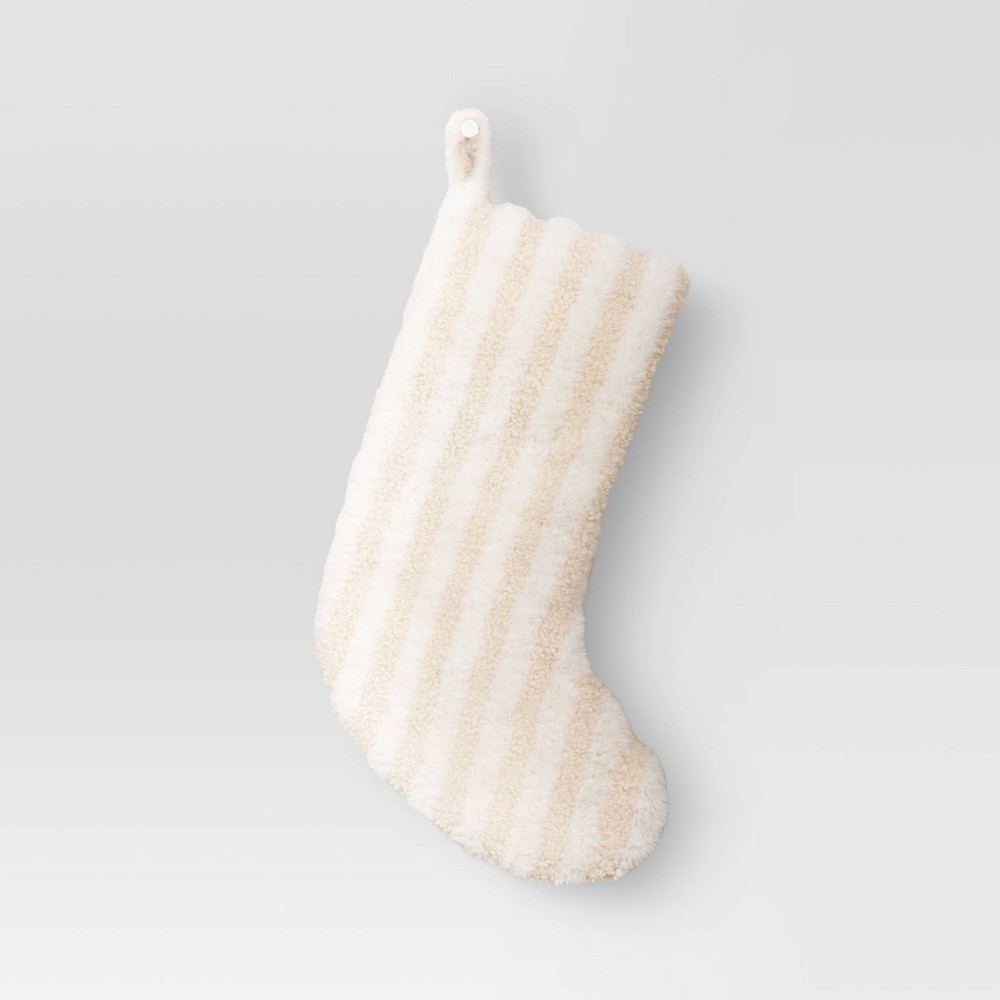20" Plush Striped Christmas Stocking Cream/White - Wondershop™