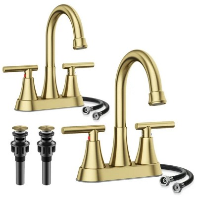 LunaLulinlk Gold 4" stainless steel bathroom sink faucet with pop-up drain and 2 water supply hoses