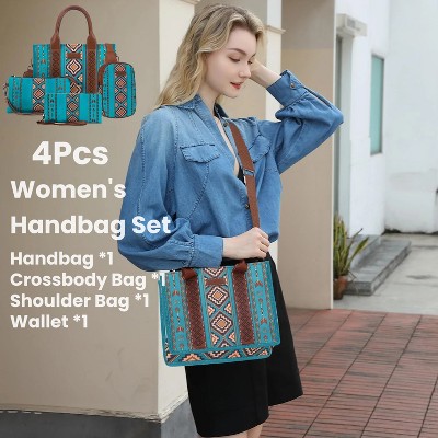 URECOVER 4Pcs Fashion Women's Handbags Set, Boho Tote Bags Shoulder Bags Purse Crossbody Bag Wallet, Blue