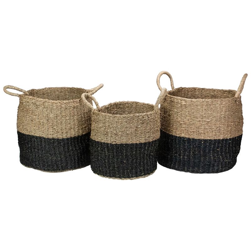 Northlight Set of 3 Beige and Black Round Wicker Table and Floor Baskets, 1 of 5