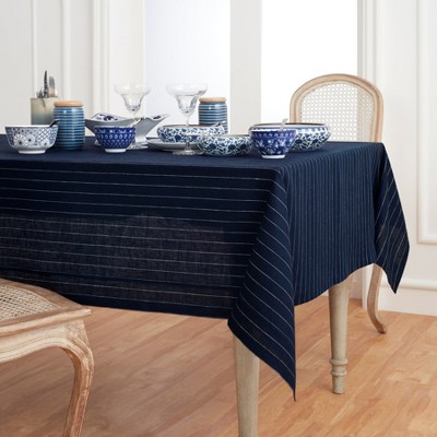 Natural and White Pinstripe Linen Rectangular Tablecloth 60 x 90 Inch