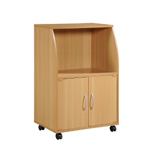 Hodedah Wooden Miniature Kitchen Microwave Island Cart with Locking Wheels for Easy Mobility and Double Door Cabinet Storage, Beech - 1 of 4