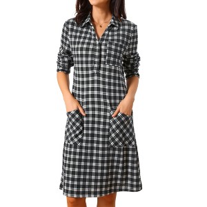 INSPIRE CHIC Women's Vintage Plaid Collar V Neck Long Sleeve Check Casual Knee Length Shirt Dress - 1 of 4