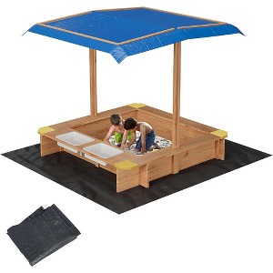 Kids Wooden Sandbox with Lid ＆ Adjustable Canopy, Outdoor Sandpit with Padding, Storage Bins - 1 of 4