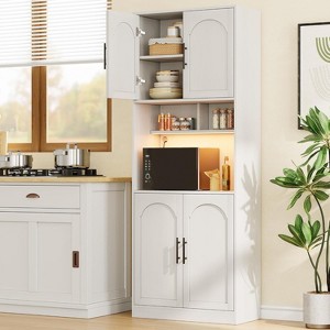 71” H Storage Cabinet with Microwave Shelf and LED Light, Doors and Shelf, Hutch Cabinet with Storage for Dining Room, Living Room, Bathroom, White - 1 of 4