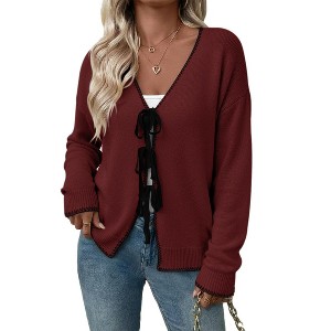 Women's Color Block Tie Front Cardigan, Contrast Trim Open Front